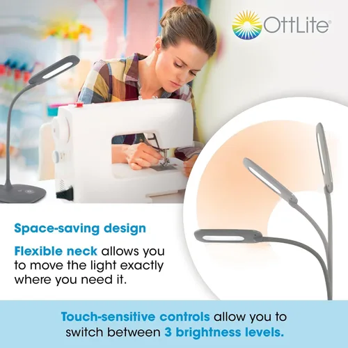 Vista 3 de OttLite Lámpara de escritorio LED suave al tacto, 3 ajustes de brillo con LED de luz natural de bajo consumo, cuello flexible ajustable y controles