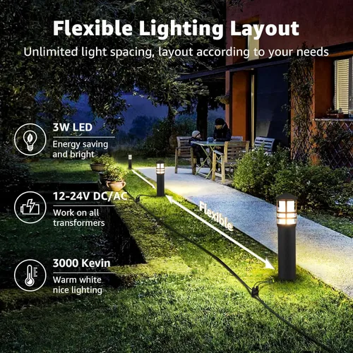 Vista 4 de SUNVIE Kit de iluminación LED todo en uno, paquete de 8 luces de camino de bajo voltaje con transformador y cable 16/2 AWG de 100 pies, luces