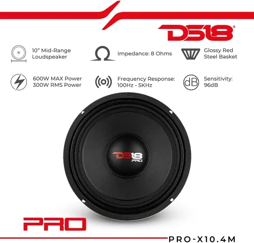 Vista 2 de DS18 PRO-X10.4M - Altavoz de 10 pulgadas, rango medio, canasta de acero rojo, 600 W máximo, 300 W RMS, 4 ohmios - Altavoces de puerta de audio