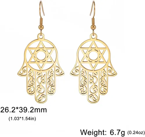 Vista 6 de Hamsa - Aretes hexagonales de mano de Fátima con estrella de David contra el mal de ojo, nudo celta judío, protección para mujer, amuleto