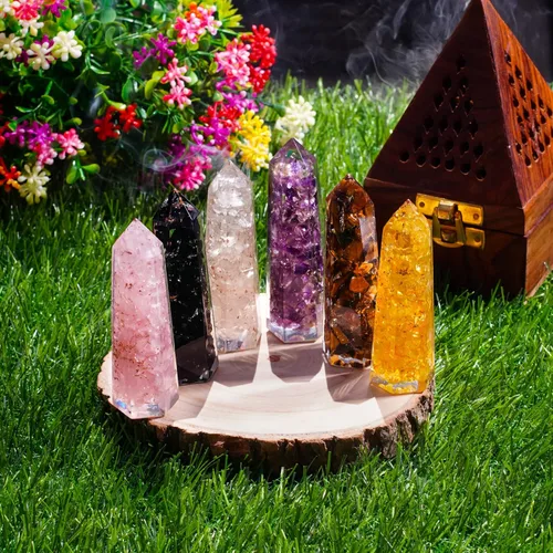 Vista 5 de Healing Crystal Wand Set of 6 Orgonite Includes 3 Amethyst Crystal, Tigers Eye, Rose Quartz, Black Tourmaline Stone, Citrine and Clear Quartz