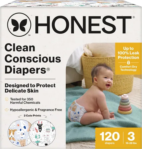The Honest Company Comfort Dry Pañales desechables para pieles sensibles, hipoalergénicos, viajes espaciales + It's a Pawty, caja Super Club tamaño