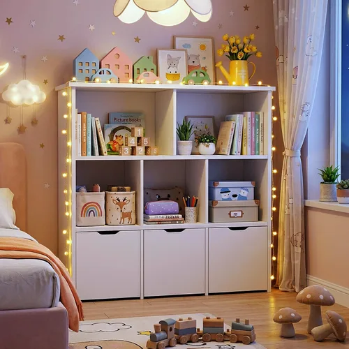 Vista 9 de Teckid Toy Storage Organizer with 3 Movable Drawers and 5 Open Cubbies, Kids Bookshelf and Toy Storage Cabinet with Hidden Wheels, Kids Toy Storage