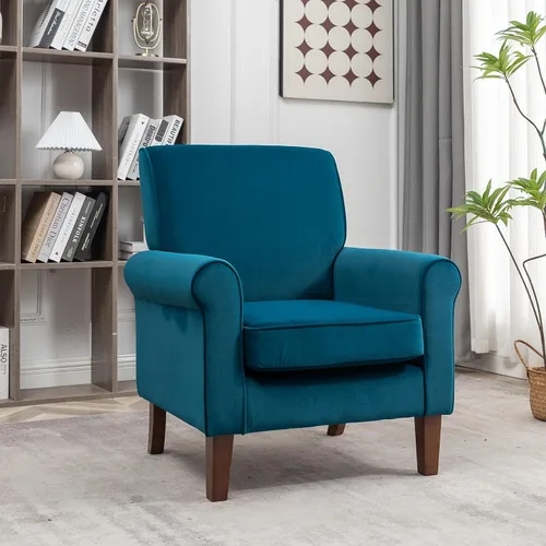 Vista 86 de Sillón clásico con marco de madera de abedul y cómodos reposabrazos enrollados, sillones para sala de estar, dormitorio y decoración de oficina