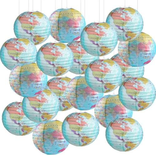 Vista 8 de 10 linternas de papel con mapa del mundo, 10 pulgadas, globos de papel, linternas de mapa, decoración de aula, mapa de viaje, linterna de papel