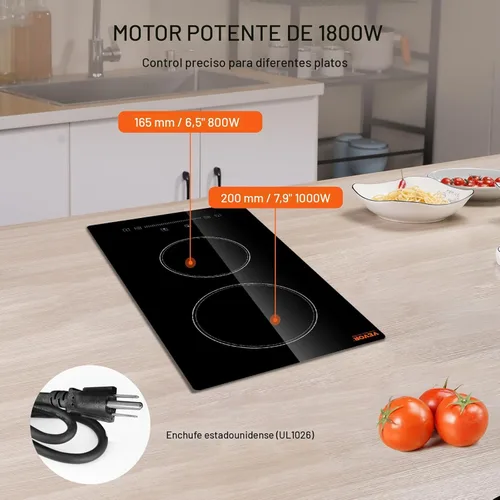 Vista 2 de VEVOR Placa de cocina eléctrica integrada, cocina de cerámica de 12 pulgadas con 2 quemadores, cocina radiante de vidrio con control táctil