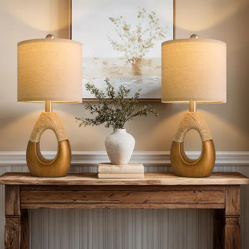 Vista 10 de OYEARS Lámparas de Mesa Boho de 22" para Dormitorio Sala de Estar Conjunto Mejorado de 2 Lámparas de Mesa de Ratán Medianas Estilo Casa de Campo