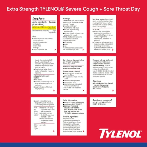 Vista 8 de Tylenol Extra Strength para tos severa + dolor de garganta durante el día, líquido de alivio del resfriado con múltiples síntomas, acetaminofeno