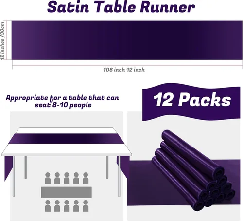 Vista 2 de KKJIAF Paquete de 12 caminos de mesa morados de 12 x 108 pulgadas, camino de mesa rectangular de seda satinada suave para bodas, banquetes
