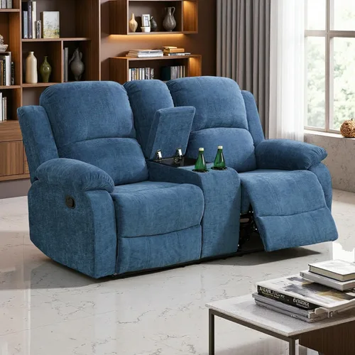 Vista 12 de Juego de Muebles para Sala de Estar, Juego de Sofá Reclinable Manual, Juegos de Sofás Reclinables de Cuero Beige con Mesa Desplegable, Sofá