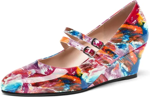 SHOWFOREST Zapatos de tacón bajo con hebilla de punta redonda para mujer, con correa ajustable y correa ajustable, 2 pulgadas