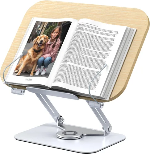 Vista 8 de MOKURU Soporte para libros para lectura, soporte ajustable de 360°, soporte plegable para libros, soporte para libros de cocina, soporte para libros