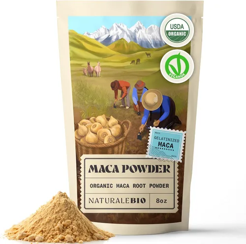 NaturaleBio Polvo de Maca Orgánico 8 oz. Peruano, Natural y Puro, de Raíz de Maca Orgánica. Apto para vegetarianos y veganos - Gelatinizado.
