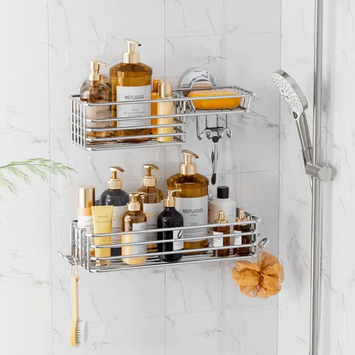 Vista 15 de LEVERLOC Estante de ducha con ventosa, soporte para ducha, color plateado