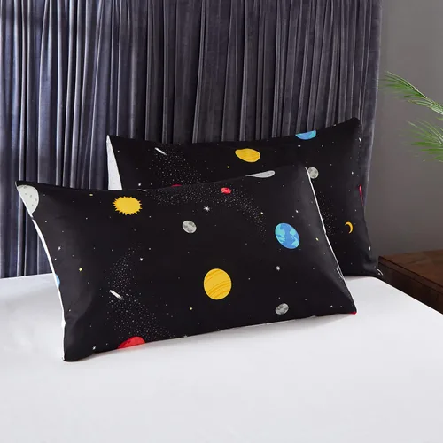 Vista 4 de LAMEJOR Juego de funda de edredón tamaño Queen con estampado de planetas azul marinoblanco (1 funda de edredón + 2 fundas de almohada)