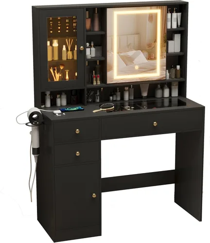 Vista 8 de Wodeer Escritorio de maquillaje con espejo y luces, tocador negro con parte superior de cristal, almacenamiento de joyas, tomas de corriente, 3