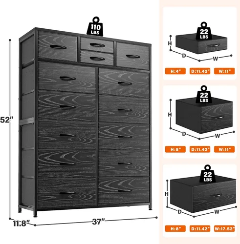 Vista 2 de EnHomee Cómodas altas para dormitorio con cajones, cómoda de tela negra para dormitorio, cómoda para sala de estar, pasillo, entrada, parte superior