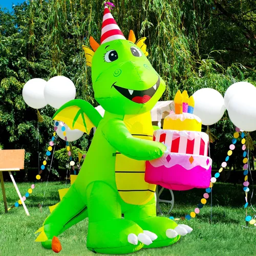 Vista 3 de DomKom Decoración inflable de 6 pies para decoración de pastel de dinosaurio de cumpleaños, luces LED integradas, para fiesta de feliz cumpleaños al
