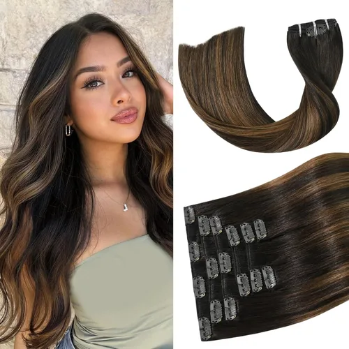 Vista 18 de Aison Extensiones de cabello con clip balayage de cabello humano real, extensiones de cabello ombre 100% de cabello humano para mujer, 12 pulgadas
