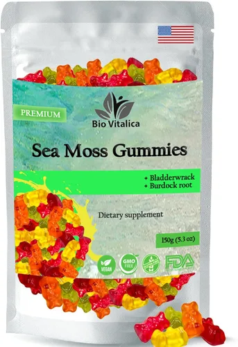Gomitas de musgo marino - Musgo marino irlandés orgánico crudo, vejiga, raíz de bardana. Contiene gel de musgo marino y polvo. Superalimentos para