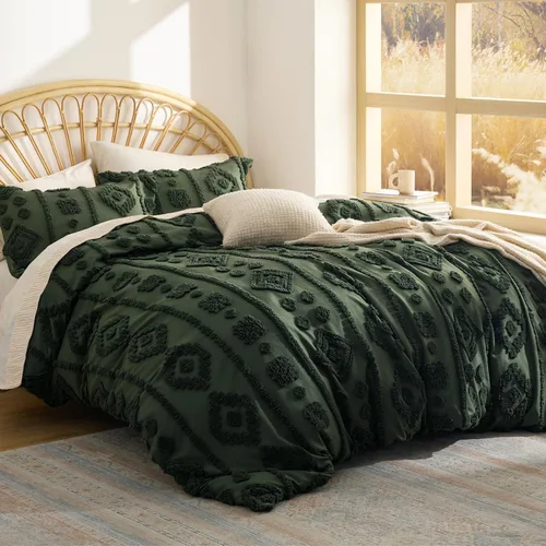 Vista 10 de Bedsure - Juego de edredón individual/King, juego de cama bohemio azul polvo capitoné, 3D, tipo jacquard, 2 piezas: 1 edredón estilo rústico chic