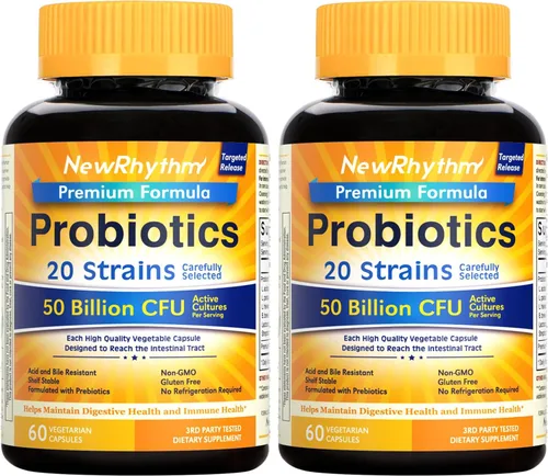 Vista 10 de NewRhythm Probióticos 50 mil millones de UFC, 20 cepas, 60 cápsulas vegetales, tecnología de liberación dirigida, resistente al ácido estomacal, sin