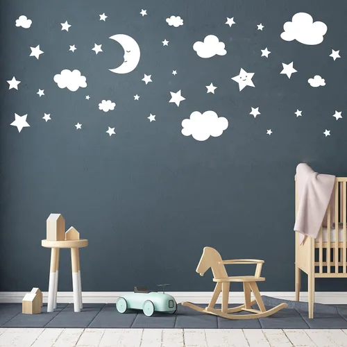 Vista 4 de Calcomanías de pared de luna creciente, estrellas y nubes, calcomanías de pared de luna y estrellas, cielo estrellado, decoración de sala