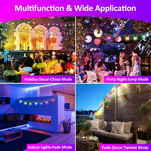 Vista 7 de Tira de luces para exteriores de 41 pies, 20 bombillas regulables + 80 cuentas LED, luces RGB para patio con control remoto, IP65, impermeable