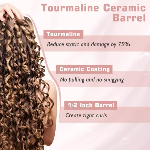 Vista 5 de Rizador de 1/2 pulgada para cabello corto, rizador de pelo de doble voltaje de cerámica, varita rizadora profesional de turmalina (oro rosa)