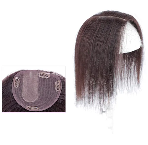 Vista 2 de LXUE Parte superior de cabello humano con base de seda natural para mujeres con cabello gris y delgado, parte superior de base de 5 x 5.5 pulgadas