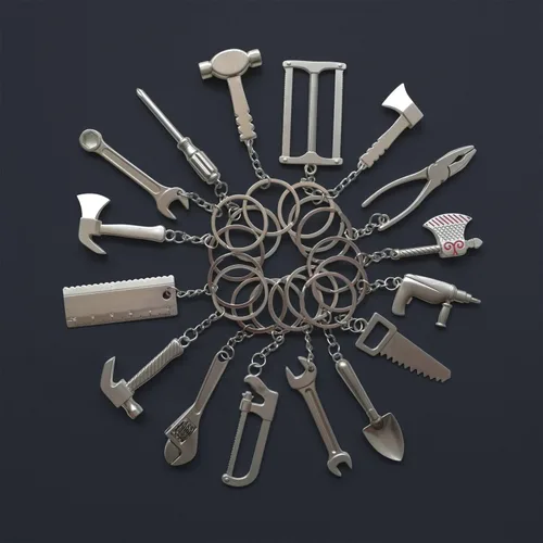 Vista 4 de Juego de 16 piezas de mini construcción multiherramientas de metal llaveros, diseños surtidos para juegos creativos y regalos, llaveros de juguete