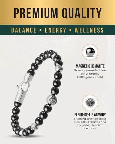 Vista 5 de MagnetRX® Pulsera magnética de hematita, piedras magnéticas de máxima resistencia con dijes de acero inoxidable, elegantes pulseras de cuentas