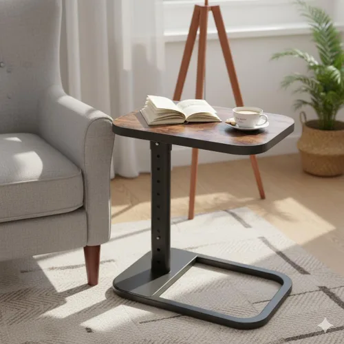 Vista 2 de Mesa de bandeja de TV, mesa auxiliar en forma de C, altura ajustable y tapa abatible y esquinas de metal redondeadas para sofá, cama, silla, sala