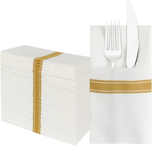 JEBBLAS Paquete de 50 servilletas desechables con tacto de lino, bolsillo integrado para cubiertos, servilletas decorativas de boda, servilletas de