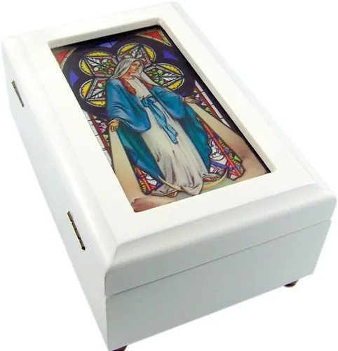 Vista 6 de Joyero musical de madera blanca de cristal de cristal religioso católico, 6 1/2 pulgadas
