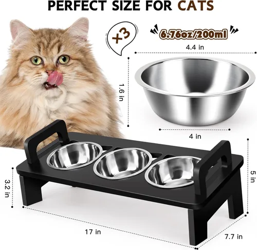 Vista 2 de Tazón Elevado de Bambú para Comida de Gatos, 3 Cuencos Elevados de Acero Inoxidable para Gatos con Soporte, Cuenco Inclinado 15° para Perros