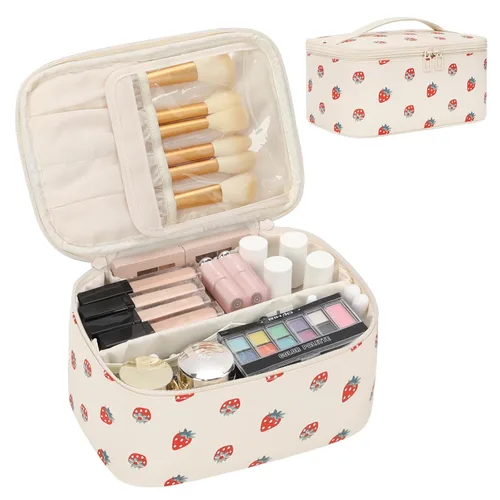 Vista 23 de OCHEAL - Bolsa de maquillaje grande con doble capa, estuche de cosméticos de almacenamiento vertical para mujeres o niñas con múltiples