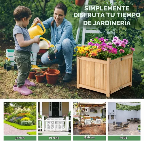 Vista 9 de S AFSTAR Maceta de madera para exteriores, cama de jardín plegable elevada con orificio de drenaje, contenedor cuadrado para plantas de patio