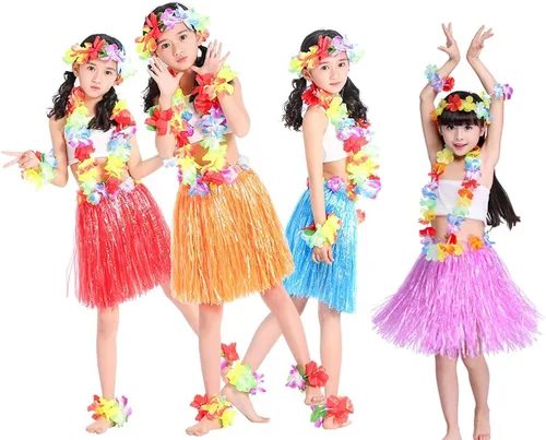 Vista 5 de Juego de 5 piezas de falda hawaiana de hula para niñas con disfraz de flor para fiesta Luau, kit de accesorios de baile