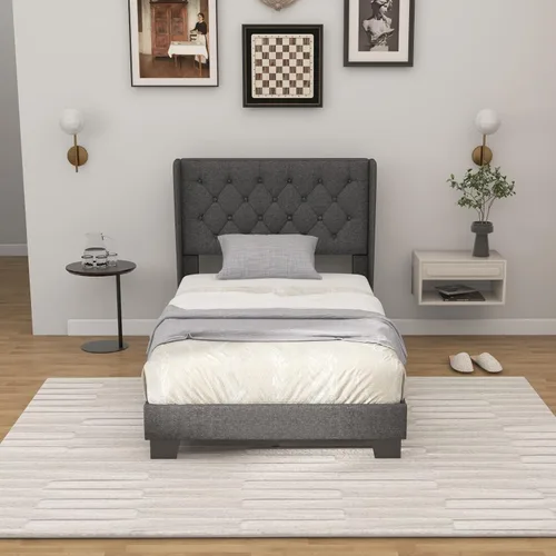 Vista 3 de Giantex Base de cama individual para niños, cama tapizada de tela moderna con cabecera capitoné con botones en la parte trasera de alas, base