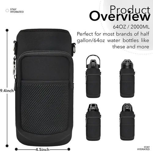 Vista 4 de Bolsa para botellas de agua de medio galón, soporte para botellas, correa de mano ajustable para el hombro, funda de neopreno con 2 bolsillos