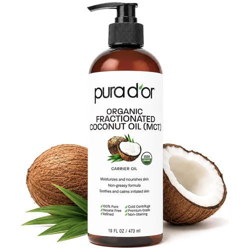 PURA D'OR Aceite de Coco Fraccionado ORGÁNICO de 16 Oz – Certificado USDA – Aceite MCT – Terapéutico, Hidratante, Humectante Ligero – Aceite