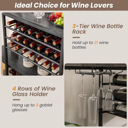 Vista 14 de COSTWAY Armario para bar de vinos, gabinete de licor de 3 niveles con tomas de corriente, estantes para botellas de vino, soportes de vidrio, Marrón