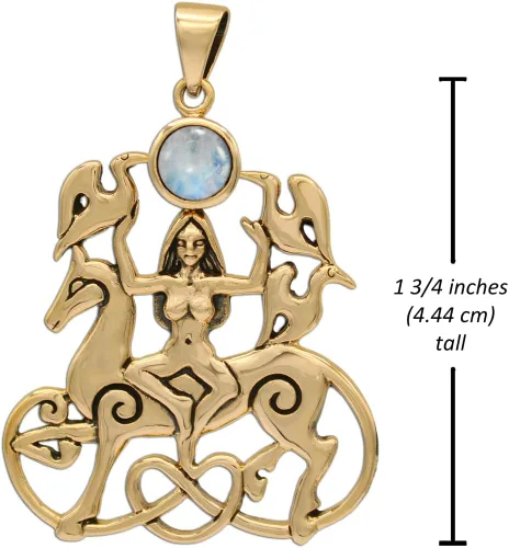 Vista 4 de Dryad Design Rhiannon - Diosa celta colgante (piedra lunar arcoíris) de 2 pulgadas de alto, joyería pagana wicca de bronce, Bronce, Adularia