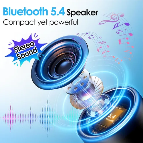 Vista 2 de Altavoz Bluetooth portátil 5.4, mini altavoz, duración de la batería de 12 horas y micrófono de reducción de ruido, cubierta de metal