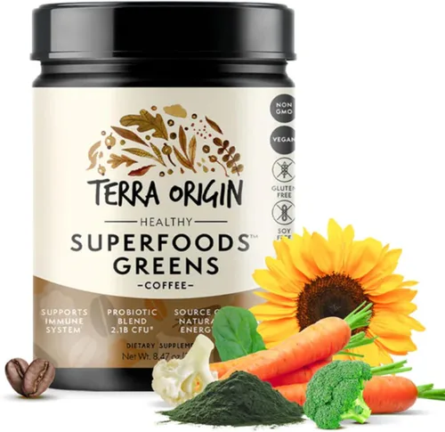 TERRA ORIGIN Superfoods Greens Blend | Suplemento vegetal orgánico con tumérico, cardo mariano, té verde, Chlorella | Sin OMG, sin gluten, vegano