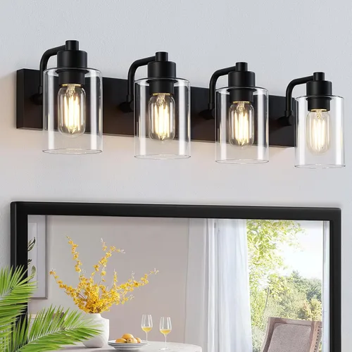 Vista 17 de Dpyrrhic Luces de Baño Negras Mate de 2 Luces Sobre Espejo con Pantalla de Vidrio Transparente, Luminarias Modernas de Baño para Cocina, Sala