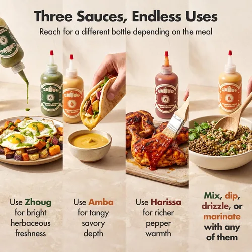 Vista 7 de Shuug Hot Sauce Variety Pack (3 Pack) Harissa, Zhoug, Amba Gourmet Hot Sauce Pack Middle Eastern Mediterranean Food Style Vegan, Non-GMO