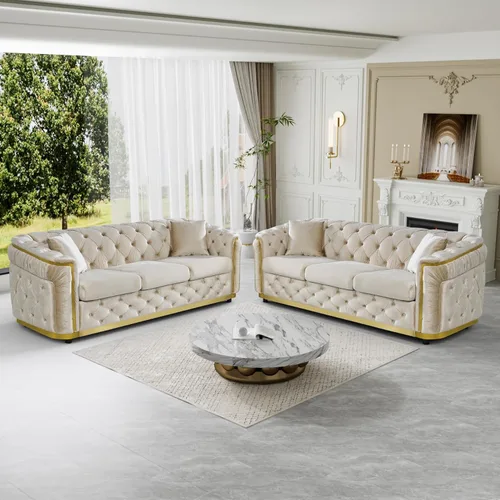 Vista 12 de DAMAIFROM Juego de sofá de terciopelo de lujo beige y dorado, moderno de mediados de siglo, sofás Chesterfield copetudos y patas doradas, juego de 2