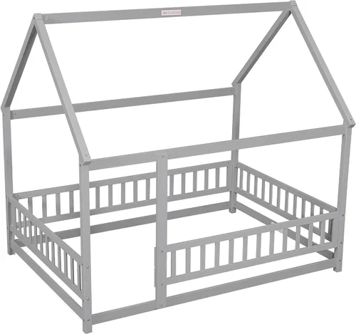 Vista 9 de Harper & Bright Designs Cama de suelo de tamaño matrimonial para niños, cama de madera con barandillas, diseño Montessori, techo en forma de casa